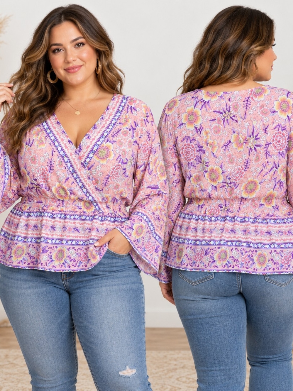 White Birch 1X Pink Floral Boho Cottagecore Romantic Bell Sleeve Peplum Top